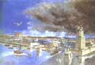 "Now there were edifices all along the circular haven, made of the politest stone, with a certain elevation, whereon was erected a temple, that was seen a great way off by those that were sailing for that haven, and had in it two statues, the one of Rome, the other of Caesar. The city itself was called Caesarea, which was also itself built of fine materials, and was of a fine structure"